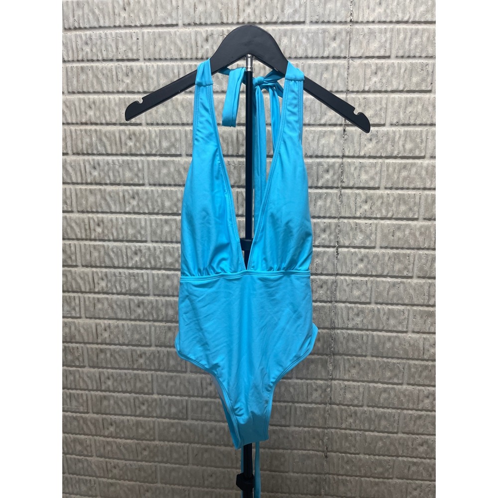 Cupshe Sky Blue Halter One Piece Swimsuit Plunging V-Neck High Cut Small NEW
